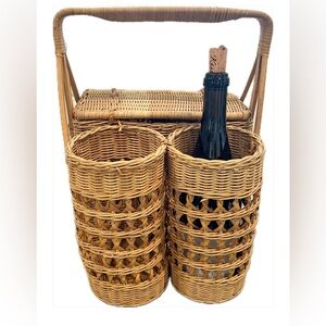 Vintage MCM Wicker Picnic Basket With Beverage Wine bottle holder
